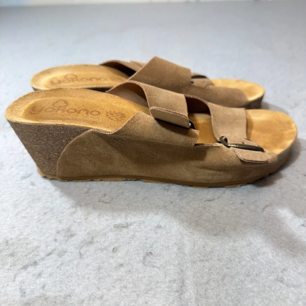 Yokono Wedge Sandals Women 7.5 Tan Brown Leather Two Strap Buckle Made In Spain